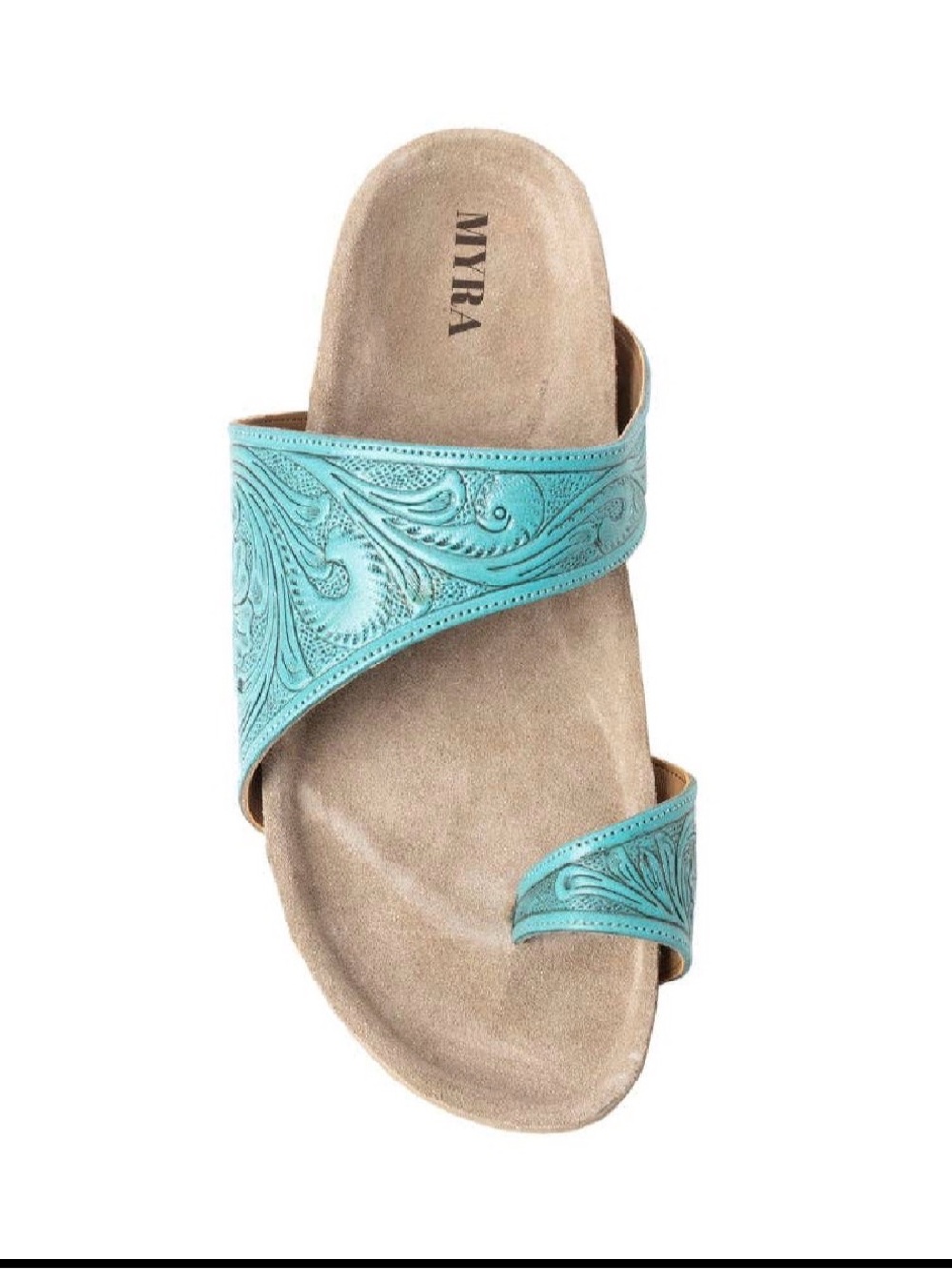 Myra Bag Turquoise Tooled Leather Slide Sandals - Picture 4 of 4